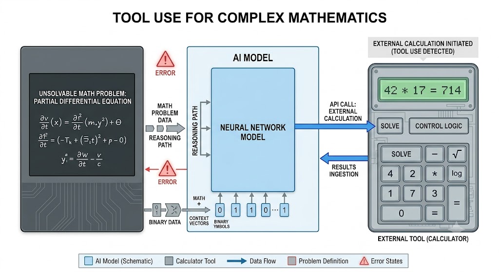 This diagram titled "Tool Use For Complex Mathematics" illustrates how an AI model handles complex math problems by failing to process partial differential equations directly, resulting in an error